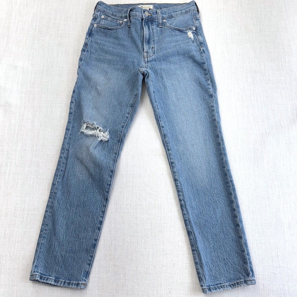 Madewell The Mid-Rise Perfect Vintage Jean Distressed Light Blue Straight Leg 27